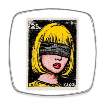 Woman with blindfold in pop art stamp - Square fridge magnet - white - Front