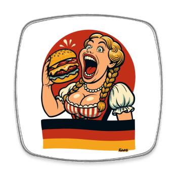 Une femme de Dirndl mange un hamburger géant - Magnet carré - blanc - Devant