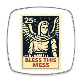 Bless This Chaos – Angel Postage Stamp - Square fridge magnet - white - Front