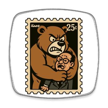 Bär umarmt nervösen Büro Mann als Retro Briefmarke - Viereckiger Kühlschrankmagnet - Weiß - Vorne