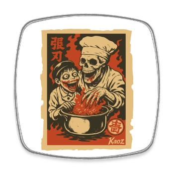 Skeleton chef with assistant and cooking pot - Square fridge magnet - white - Front
