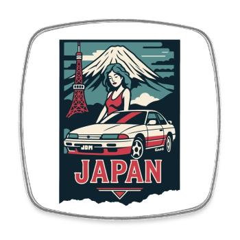 JAPAN JDM – Retro Car Poster with Fuji & Style - Square fridge magnet - white - Front