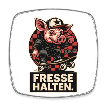 Skater pig with cap and face holding saying - Square fridge magnet - white - Front