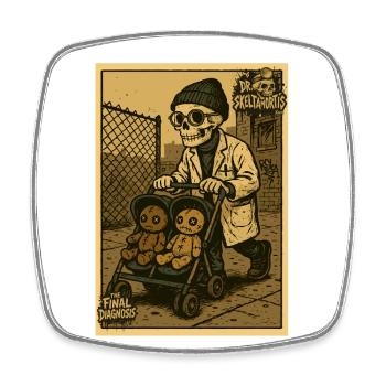 Dr Skeltamortis with voodoo dolls in a stroller - Square fridge magnet - white - Front