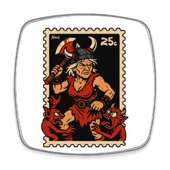 Une mamie viking avec une hache combat des démons rouges - Magnet carré - blanc - Devant
