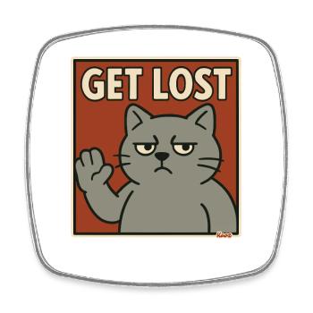 Annoyed cat with saying: Get out - Square fridge magnet - white - Front