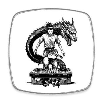 Samurai Shirt: Manga-DJ mit Mischpult und Drache - Viereckiger Kühlschrankmagnet - Weiß - Vorne
