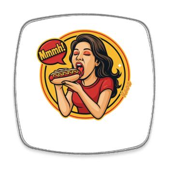 Woman enjoying hotdog comic pop art style - Square fridge magnet - white - Front