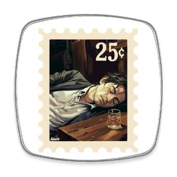 Man sleeping next to glass on table - Square fridge magnet - white - Front