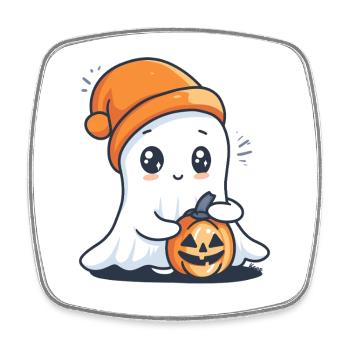 Cute ghost with hat and pumpkin in hand - Square fridge magnet - white - Front