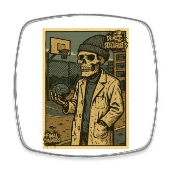 Skeleton with brain on basketball court - Square fridge magnet - white - Front
