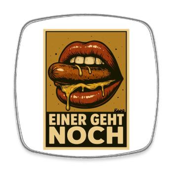 Sausage with sauce and saying "One more goes" - Square fridge magnet - white - Front