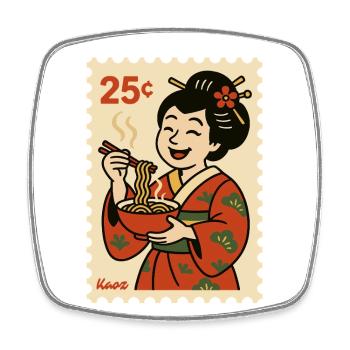 Geisha in kimono with noodle bowl on postage stamp - Square fridge magnet - white - Front