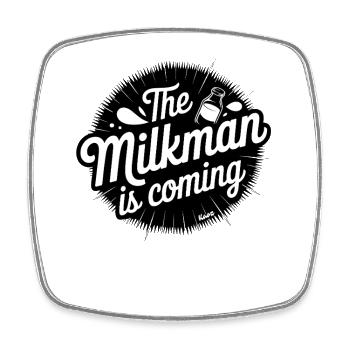 Retro lettering "The milkman is coming" with milk - Square fridge magnet - white - Front