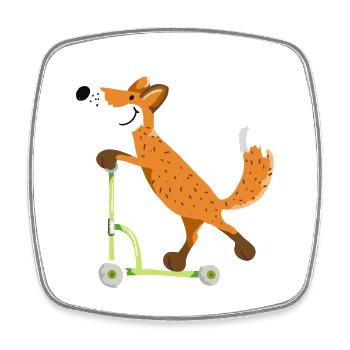 Little fox on his green scooter - kids - Square fridge magnet - white - Front