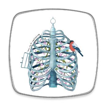 Caged Heart - Ribcage, Blossoms & Bird Surreal Art - Square fridge magnet - white - Front