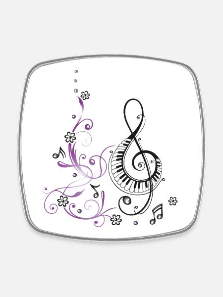 Clef avec piano, fleurs et notes de musique. - Magnet carré - blanc