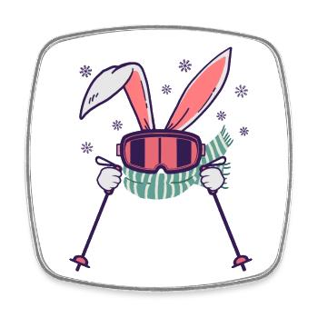 Skiing Rabbit with ski poles ski goggles scarf - Square fridge magnet - white - Front
