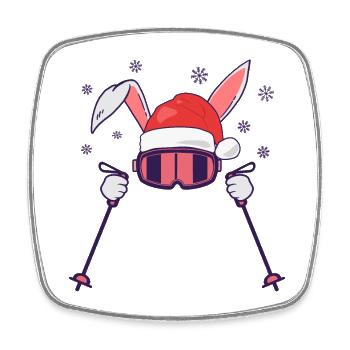 Skiing Santa Rabbit with Santa Hat and ski poles - Square fridge magnet - white - Front
