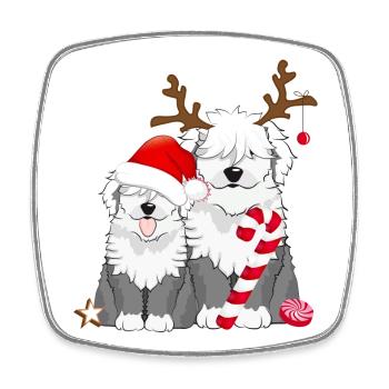 two cute bobtail dogs celebrate Christmas - Square fridge magnet - white - Front