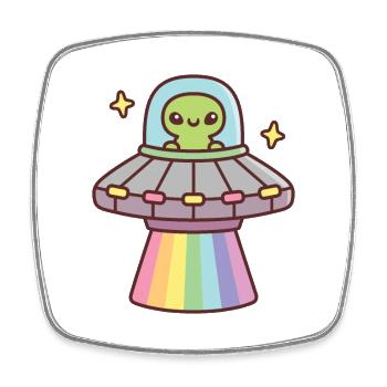 Mignon extraterrestre dans un vaisseau spatial OVNI avec Rainbow Ray - Magnet carré - blanc - Devant
