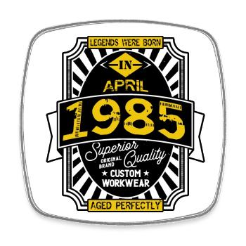 1985 APRIL - Square fridge magnet - white - Front