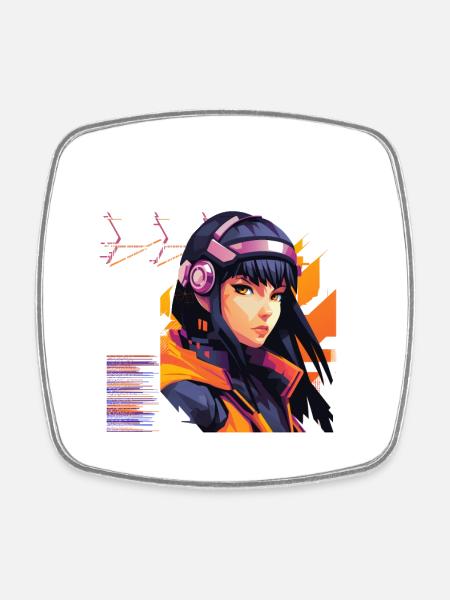 Heroine Neo-Cyber Anime DJ - Square fridge magnet - white