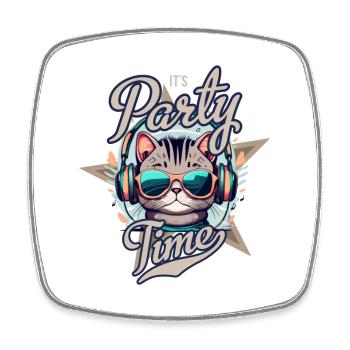 Party Katze mit Kopfhörern - Viereckiger Kühlschrankmagnet - Weiß - Vorne