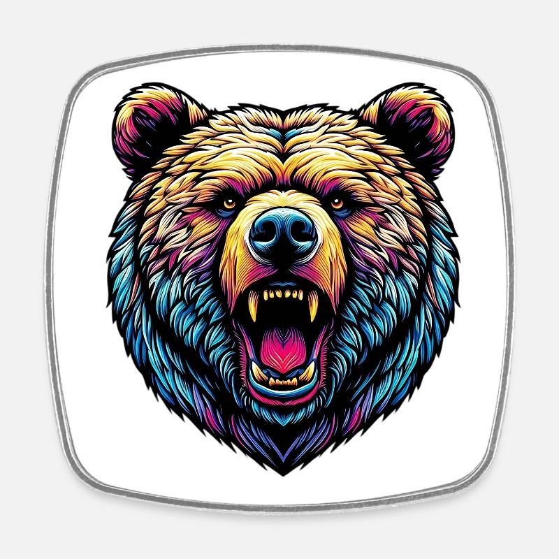 Angry Ferocious Bear - Square fridge magnet - white