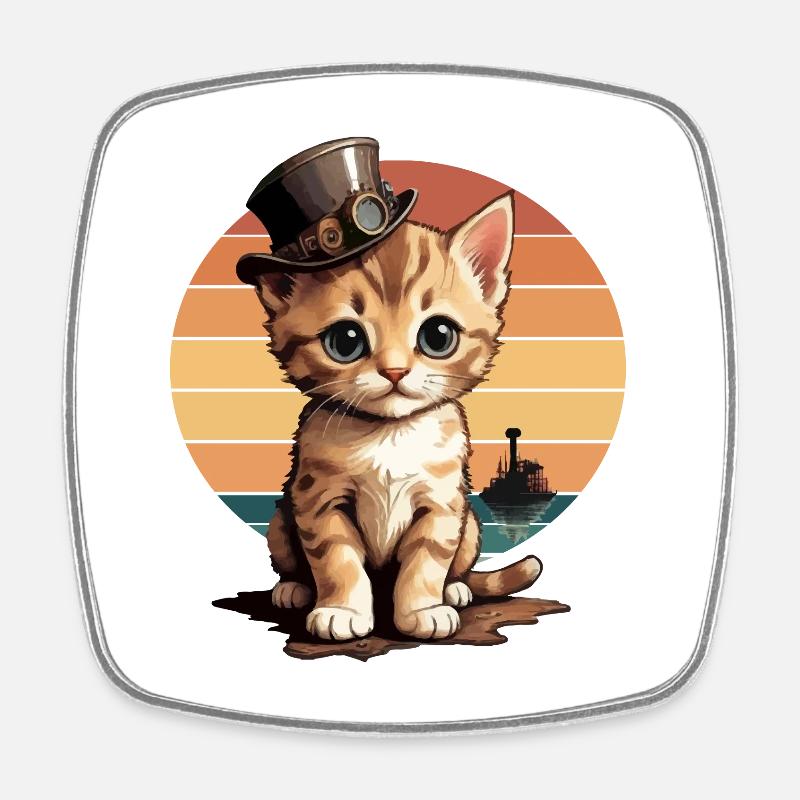 Chat steampunk - Magnet carré - blanc