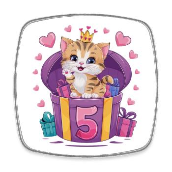 Chat mignon - 5e anniversaire - 5 ans - Magnet carré - blanc - Devant