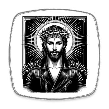 Jesus Christus mit stylischer Frisur & Lederjacke - Viereckiger Kühlschrankmagnet - Weiß - Vorne
