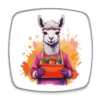 Lama im Garten mit Blumenkorb - Viereckiger Kühlschrankmagnet - Weiß - Vorne