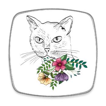 Chat avec bouquet de fleurs - Magnet carré - blanc - Devant