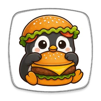 Süßer Pinguin mit Hamburger Cheeseburger Fast Food - Viereckiger Kühlschrankmagnet - Weiß - Vorne