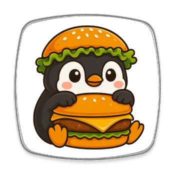 Süßer Pinguin mit Hamburger Cheeseburger Fast - Viereckiger Kühlschrankmagnet - Weiß - Vorne