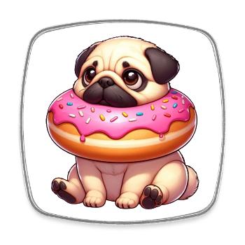 Cute Pug Dog with Donut Snacking Dessert - Square fridge magnet - white - Front