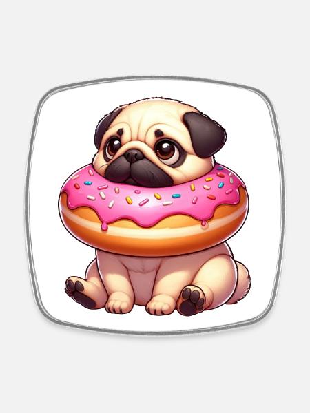 Süßer Mops Hund mit Donut Naschen Nachtisch - Viereckiger Kühlschrankmagnet - Weiß
