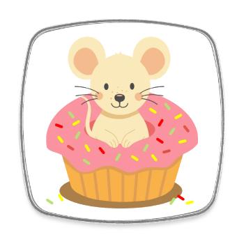 Souris assise dans un cupcake rose avec des pépites - Magnet carré - blanc - Devant
