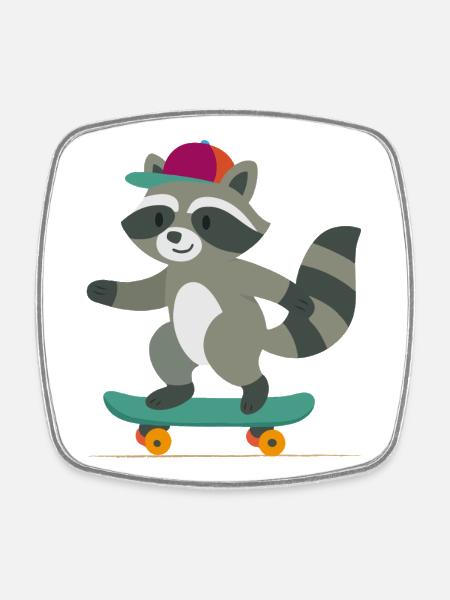 Skateboard raccoon with baseball cap - Square fridge magnet - white