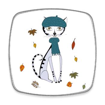 Chat en automne avec un bonnet en laine - Magnet carré - blanc - Devant