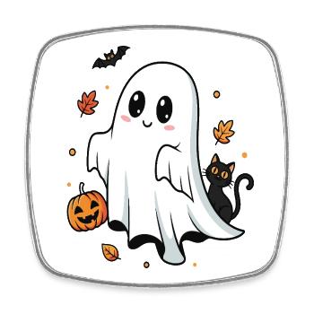 Niedlicher Geist und schwarze Katze Halloween-Design - Viereckiger Kühlschrankmagnet - Weiß - Vorne