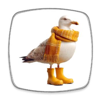 Humorous seagull with rain boots and scarf - Square fridge magnet - white - Front