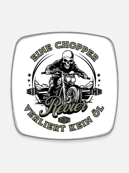 Moto motard chopper squelette - Magnet carré - blanc