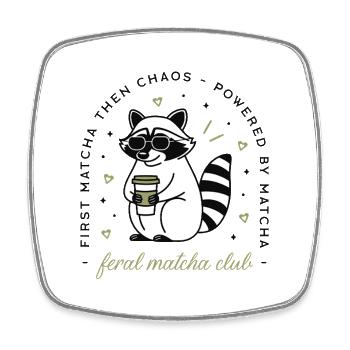 Raccoon with matcha tea humor kawaii aesthetic - Square fridge magnet - white - Front