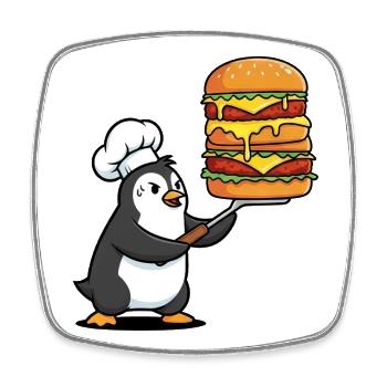 Süßer Pinguin schwitzt mit Hamburger BBQ Grillen - Viereckiger Kühlschrankmagnet - Weiß - Vorne