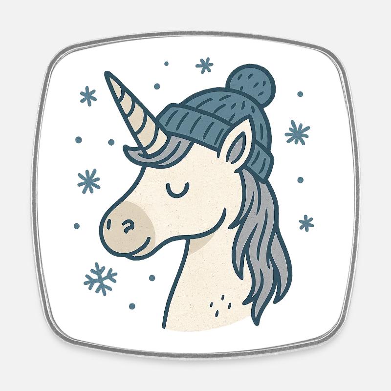 Licorne d’hiver avec chapeau - Magnet carré - blanc