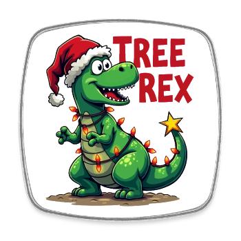 Christmas Dino – Lustiger T-Rex mit Weihnachtsbaum - Viereckiger Kühlschrankmagnet - Weiß - Vorne
