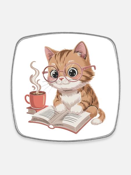 LeseKatz Katze mit Brille und Kaffee - Viereckiger Kühlschrankmagnet - Weiß