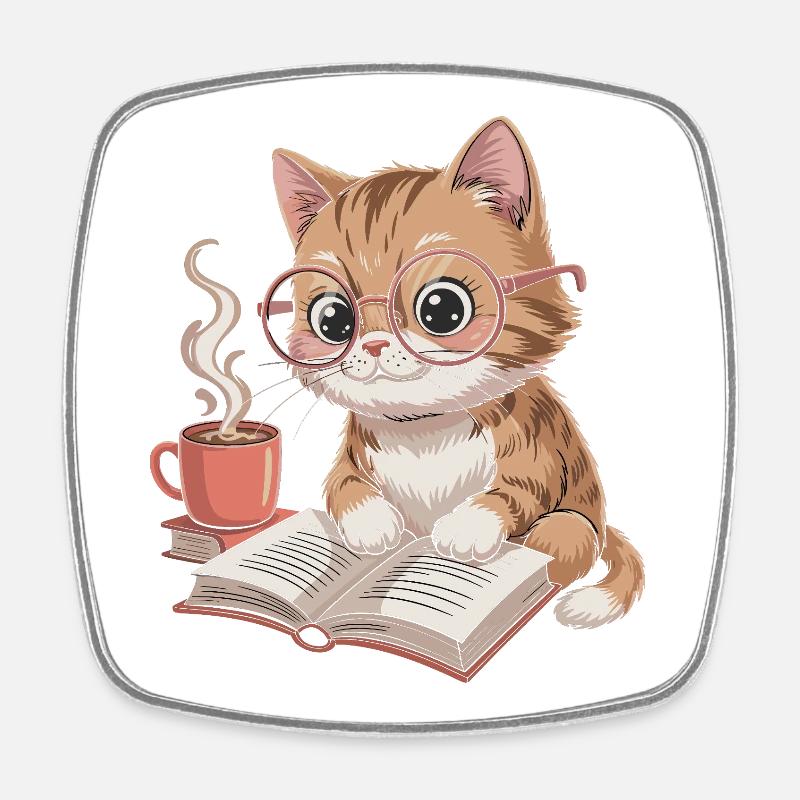 LeseKatz Katze mit Brille und Kaffee - Viereckiger Kühlschrankmagnet - Weiß